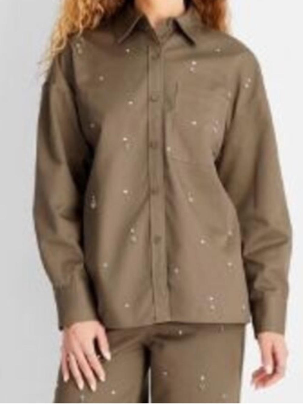 Women's Holiday Embellished Twill Shacket - Future Collective Large